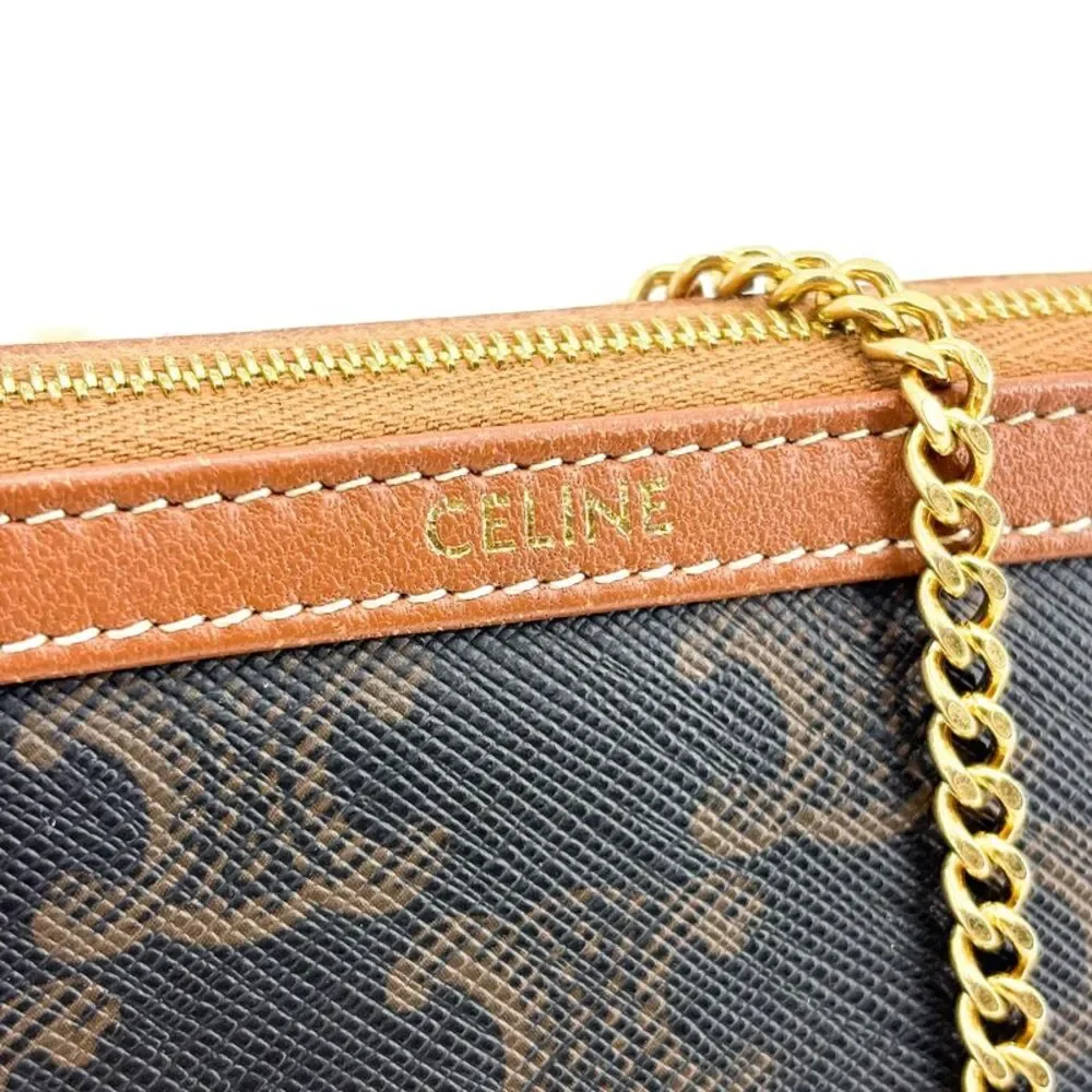 Celine Triomphe Canvas Chain Clutch Tan